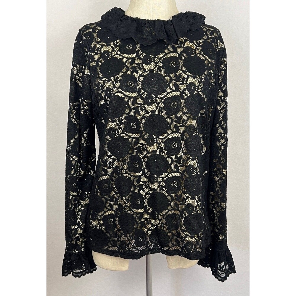 Brigette Briana Black Lace Ruffle Blouse L Romantic Edwardian Victorian Revival